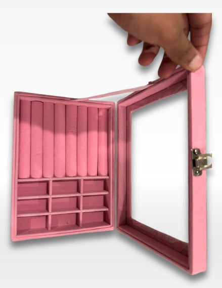 Pink Velvet Jewelry Organizer Box with Mirror – Ring & Earring Storage Case